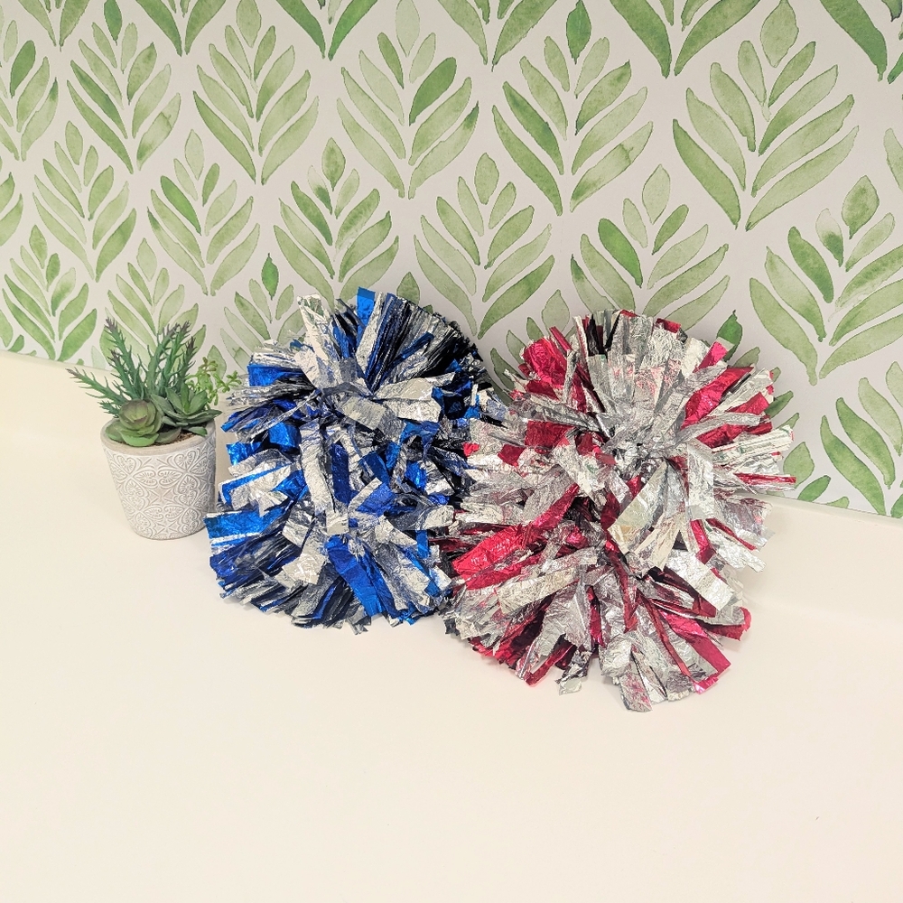 Set Of Cheerleading Pom Poms Red,  Blue, Silver